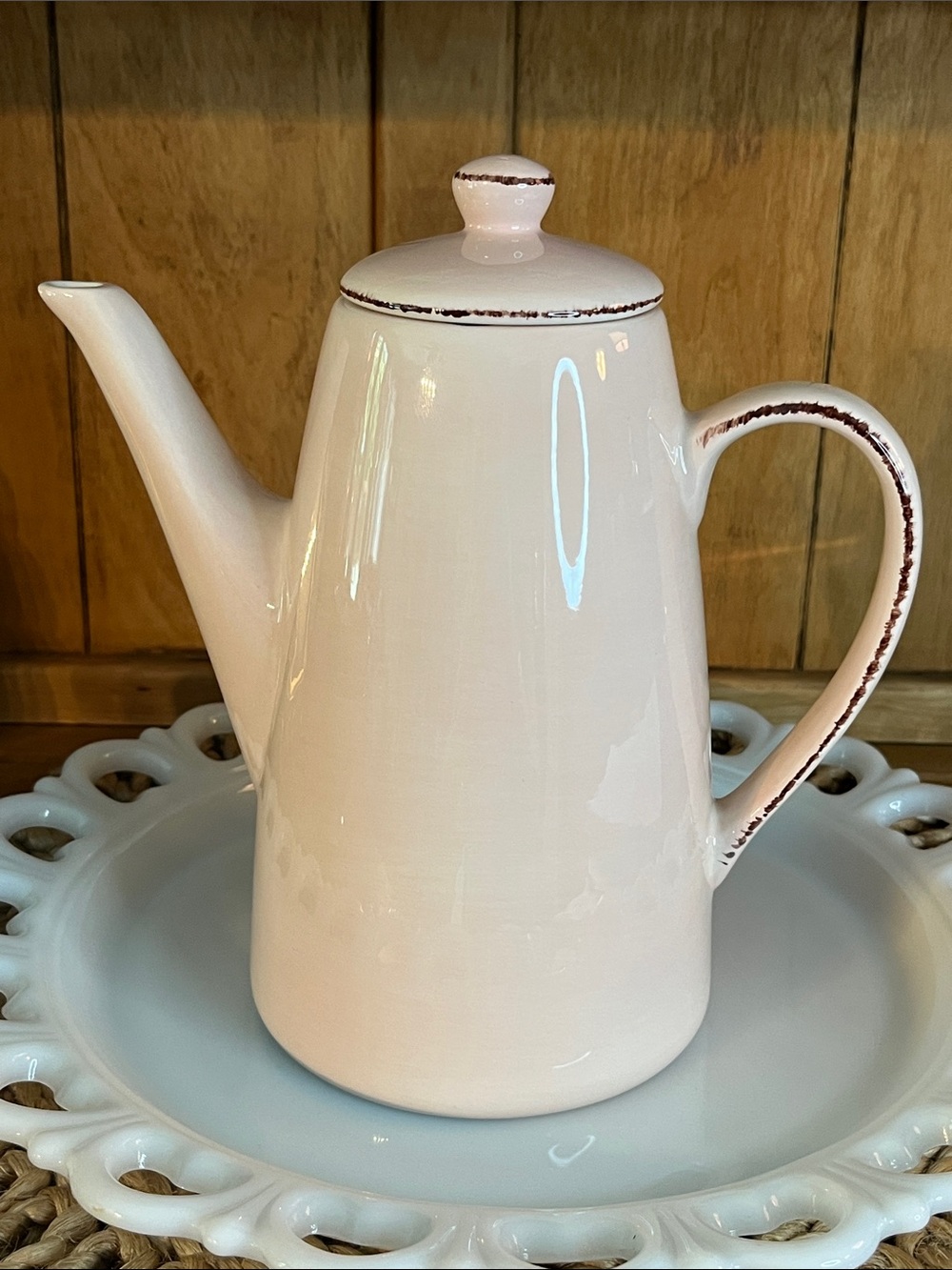 Discontinued,Pottery Barn Coffee/Tea Pot-Morning Story-Soft Pink w/Brown Details